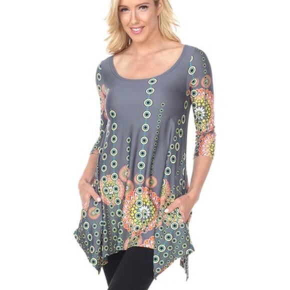 White Mark Rella Tunic Top Size Small Gray, Green and Orange 3/4 Sleeve Pockets - Picture 1 of 8